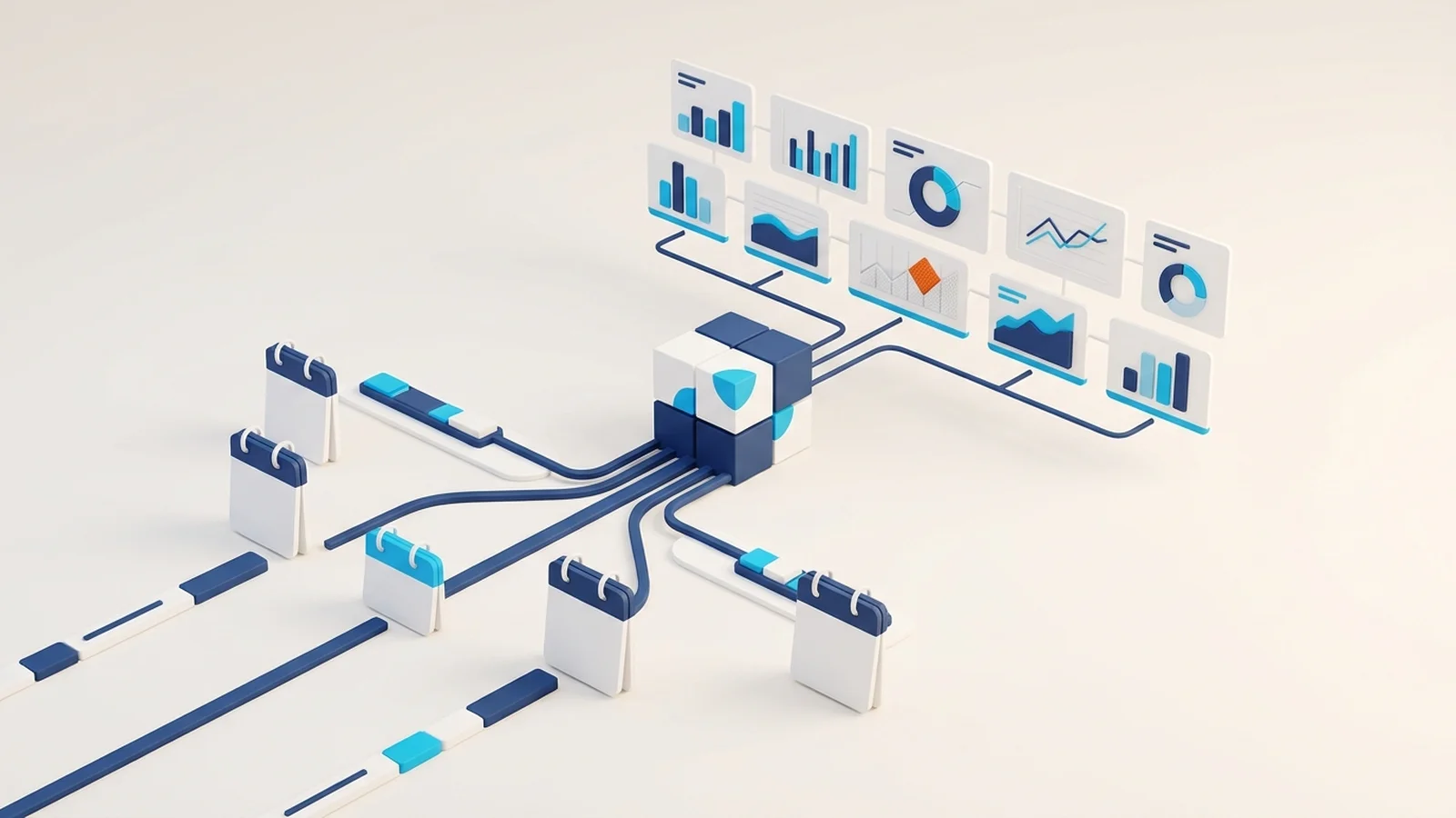 Composição tridimensional em perspectiva mostrando linhas do tempo de fechamento convergindo para um cubo de dados do core i4pro conectado a relatórios analíticos