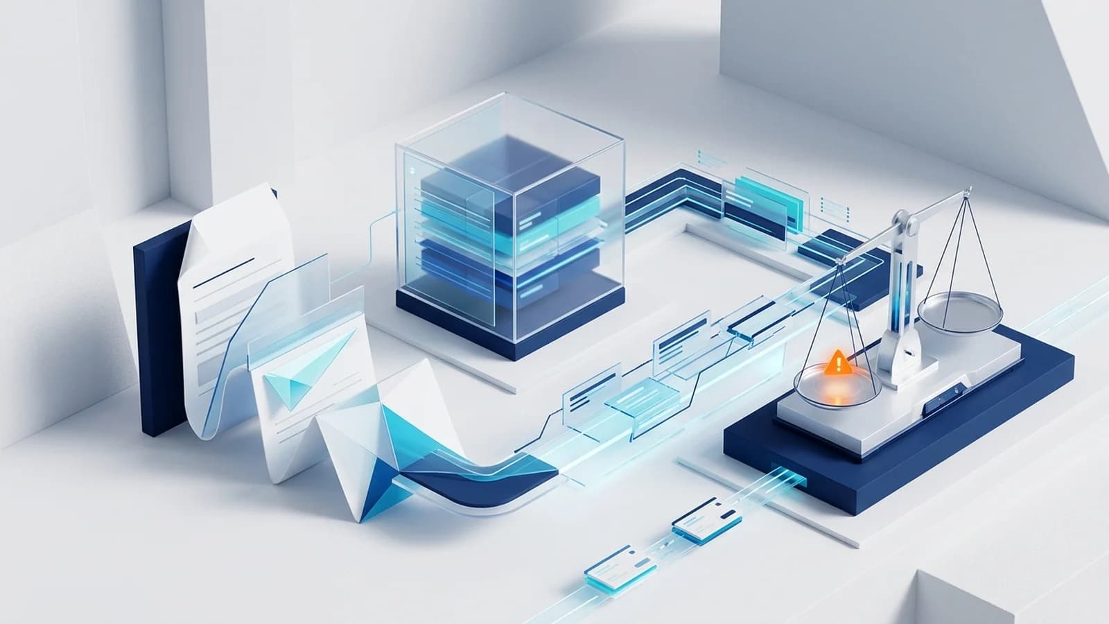 Fluxo tridimensional de auditoria conectando apólice de seguros, cubo de reserva técnica, esteira de pagamento e balança analítica com ponto de alerta