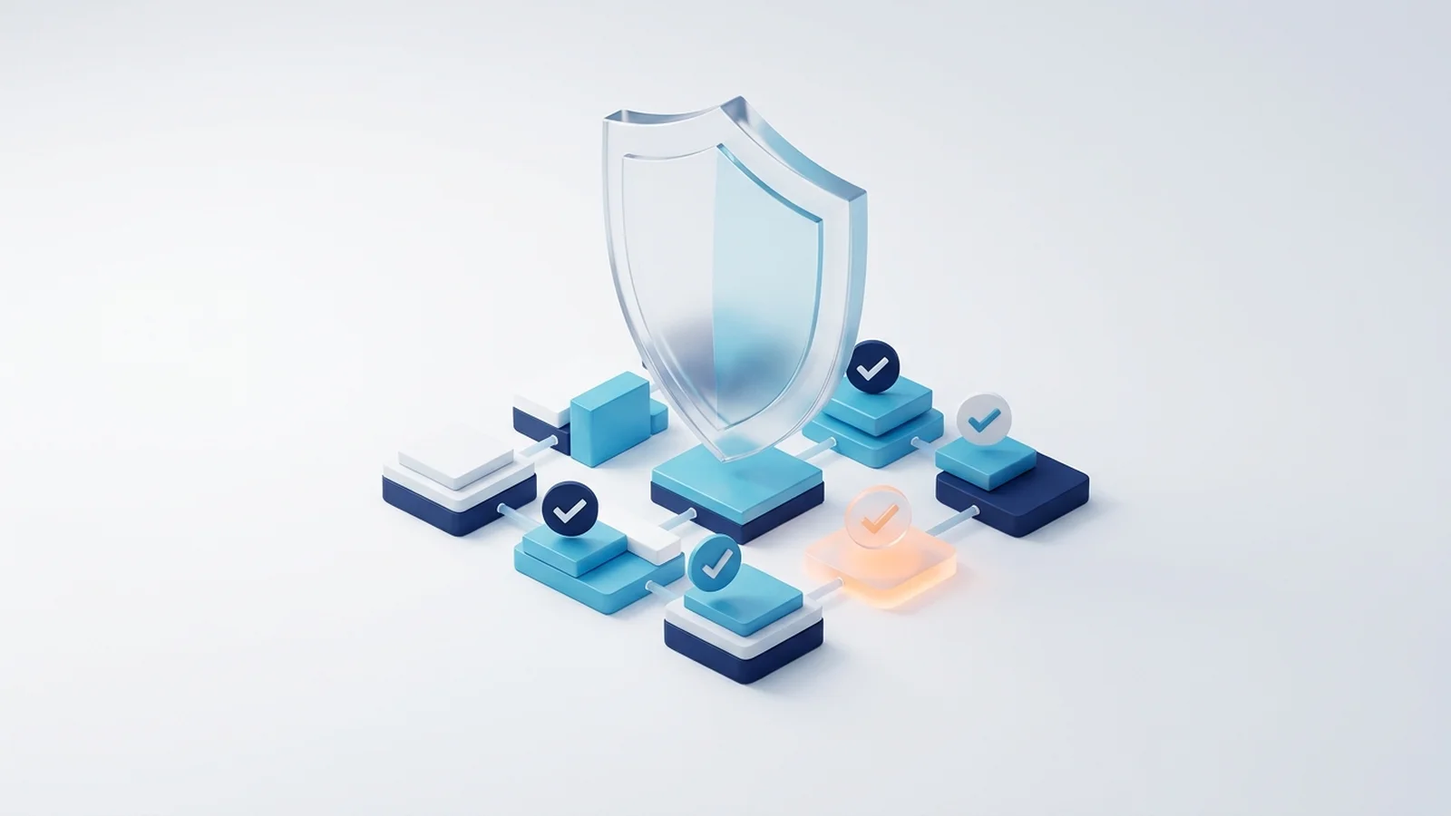 Escudo translúcido de compliance 3D repousando sobre blocos geométricos estruturados de trilha de auditoria e dados com indicadores de checagem aprovados