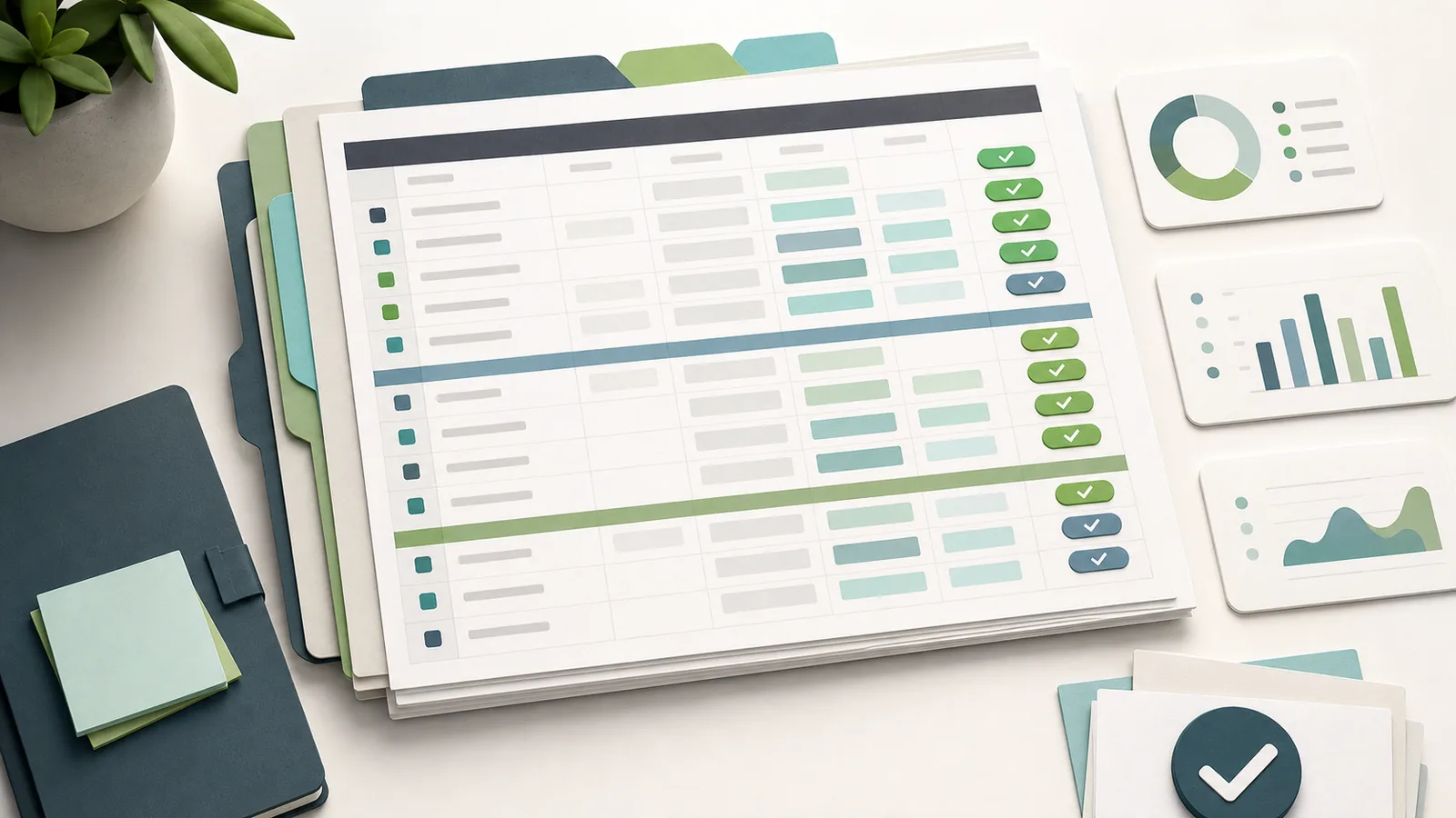 Planilha de controle com linhas conferidas e gráficos de acompanhamento de comissões