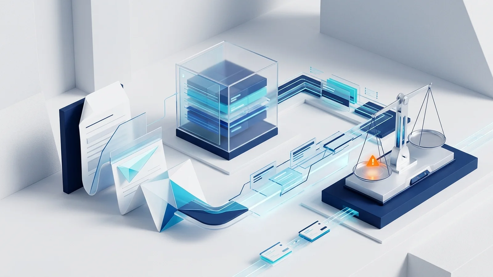 Fluxo tridimensional de auditoria conectando apólice de seguros, cubo de reserva técnica, esteira de pagamento e balança analítica com ponto de alerta